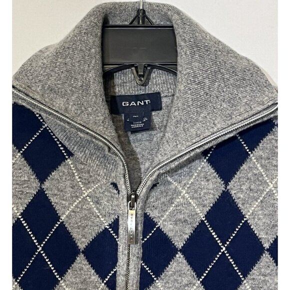GANT 100% Wool Gray Navy Argyle Zip Cardigan Sweater - Made in Italy - Picture 4 of 11